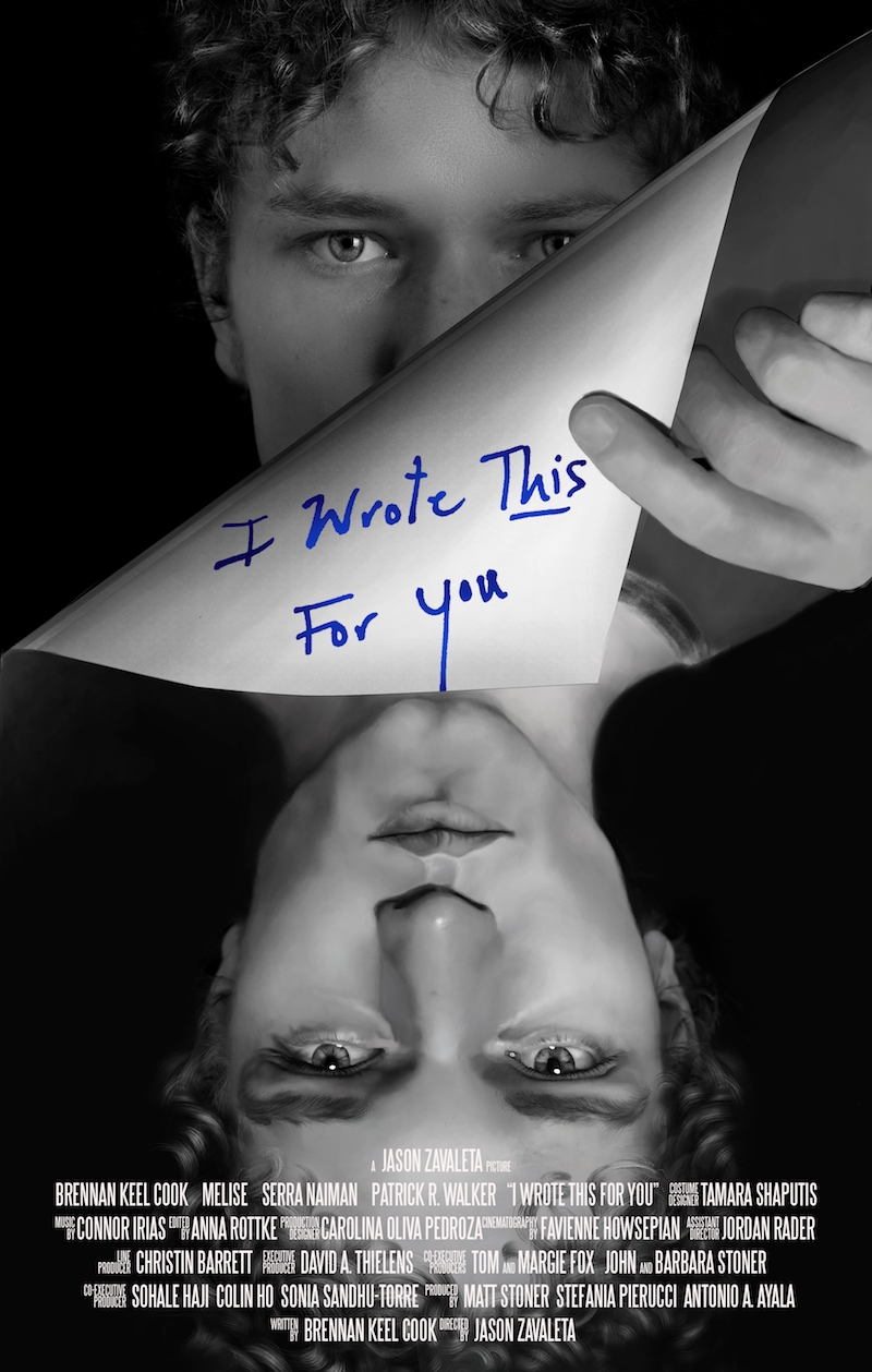 Black and White Movie Poster for I Wrote This For You featuring two male faces one on top and one upside down on the bottom
